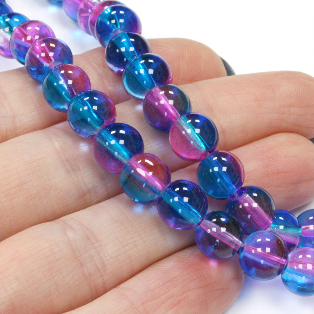 Dual Colour Glass 8mm Rounds Blue and Pink - 1 string