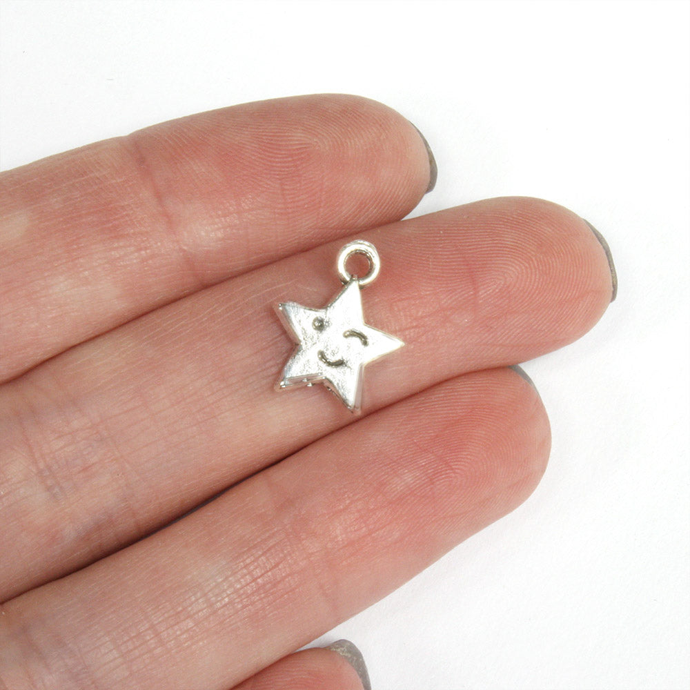 Happy Star Charm Antique Silver 12x14.5mm - Pack of 40