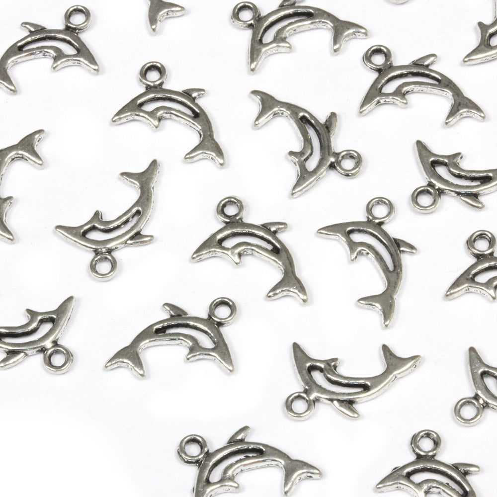 Stencilled Dolphin Antique Silver 12x10mm - Pack of 50