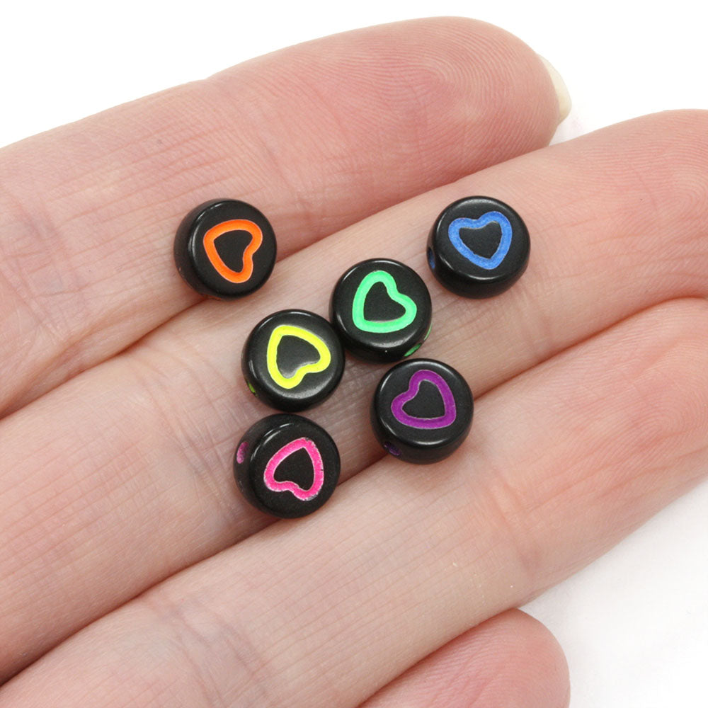 Coloured Hearts Black Rounds Mix 4x7mm - Pack of 200