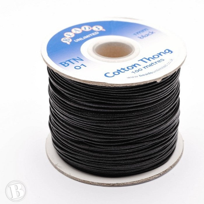 Thong Black Cotton 1mm- 1 reel of 100m