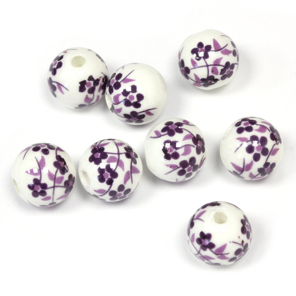 Ceramic Round Purple Flowers 12mm - Pack of 8