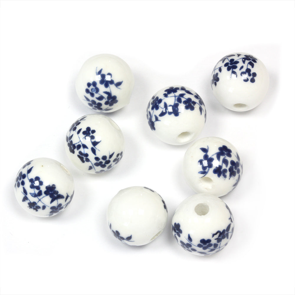 Ceramic Round Blue Flowers 12mm - Pack of 8