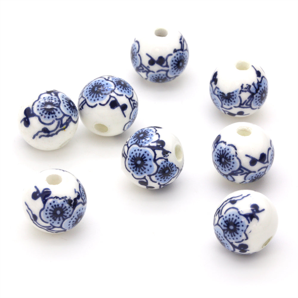 Ceramic Rounds Printed Flower 12mm Blue - Pack of 8