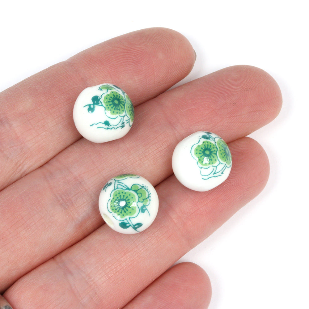 Ceramic Round Green Large Flowers 12mm - Pack of 8