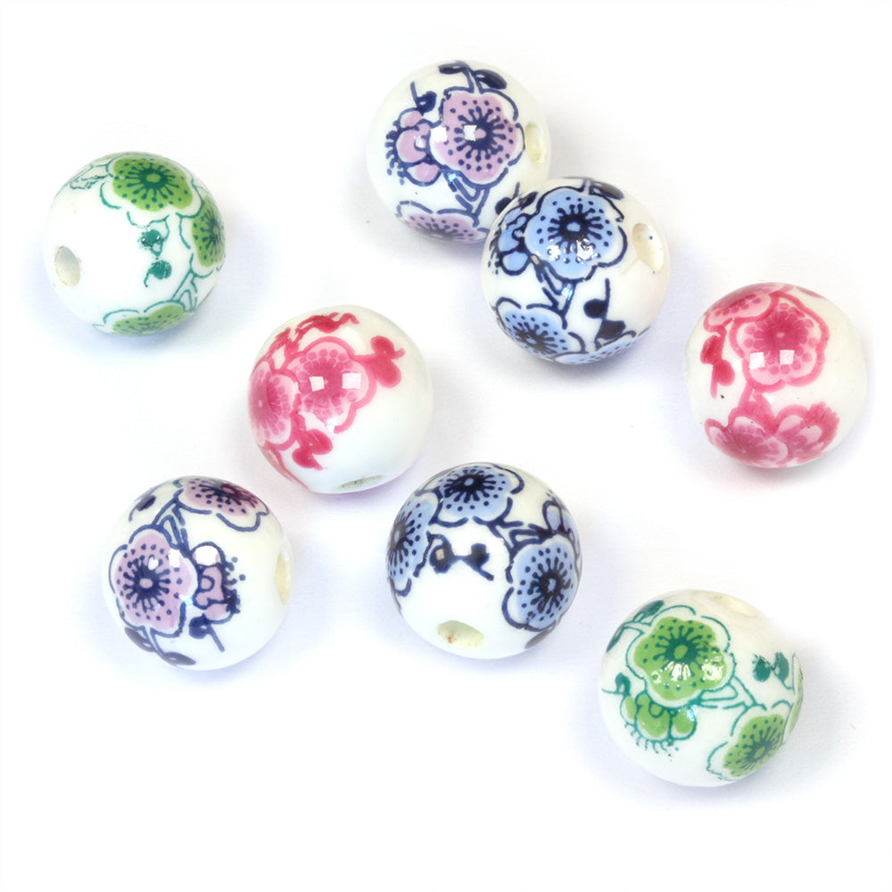 Ceramic Round Mix Large Flowers 12mm - Pack of 8