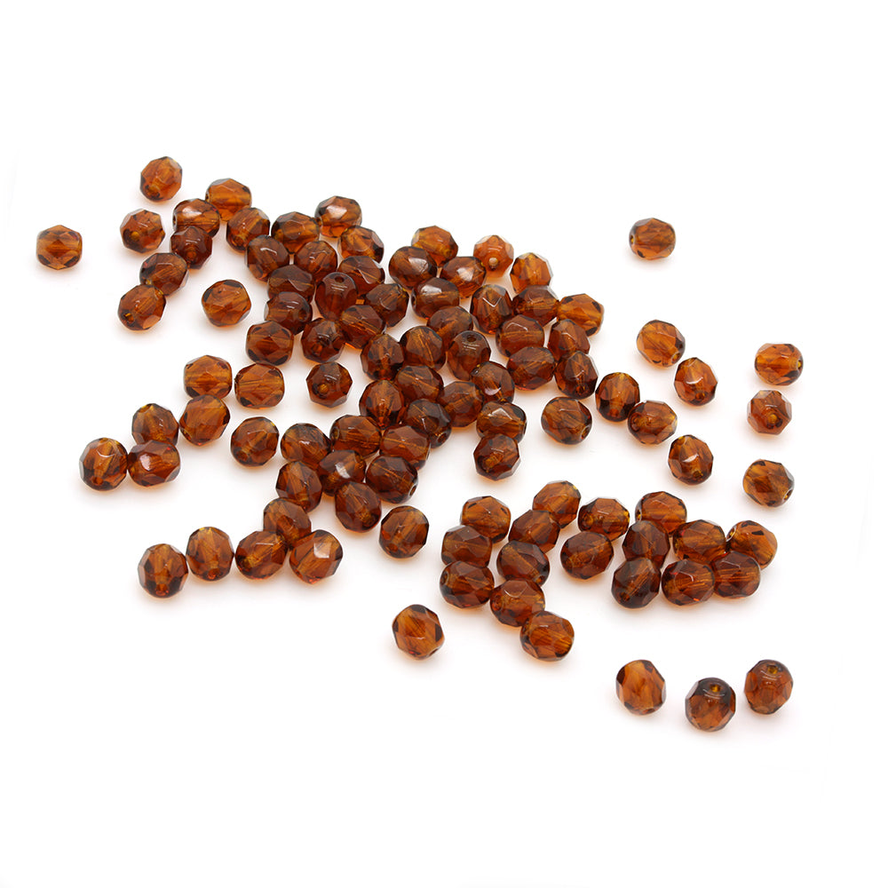 Fire Polished Amber Glass Faceted Round 6mm-Pack of 100