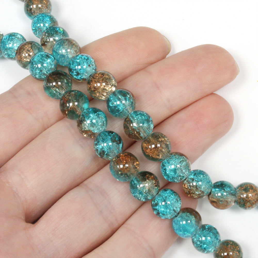Crackled Glass 8mm Rounds Turquoise and Chocolate - 1 string