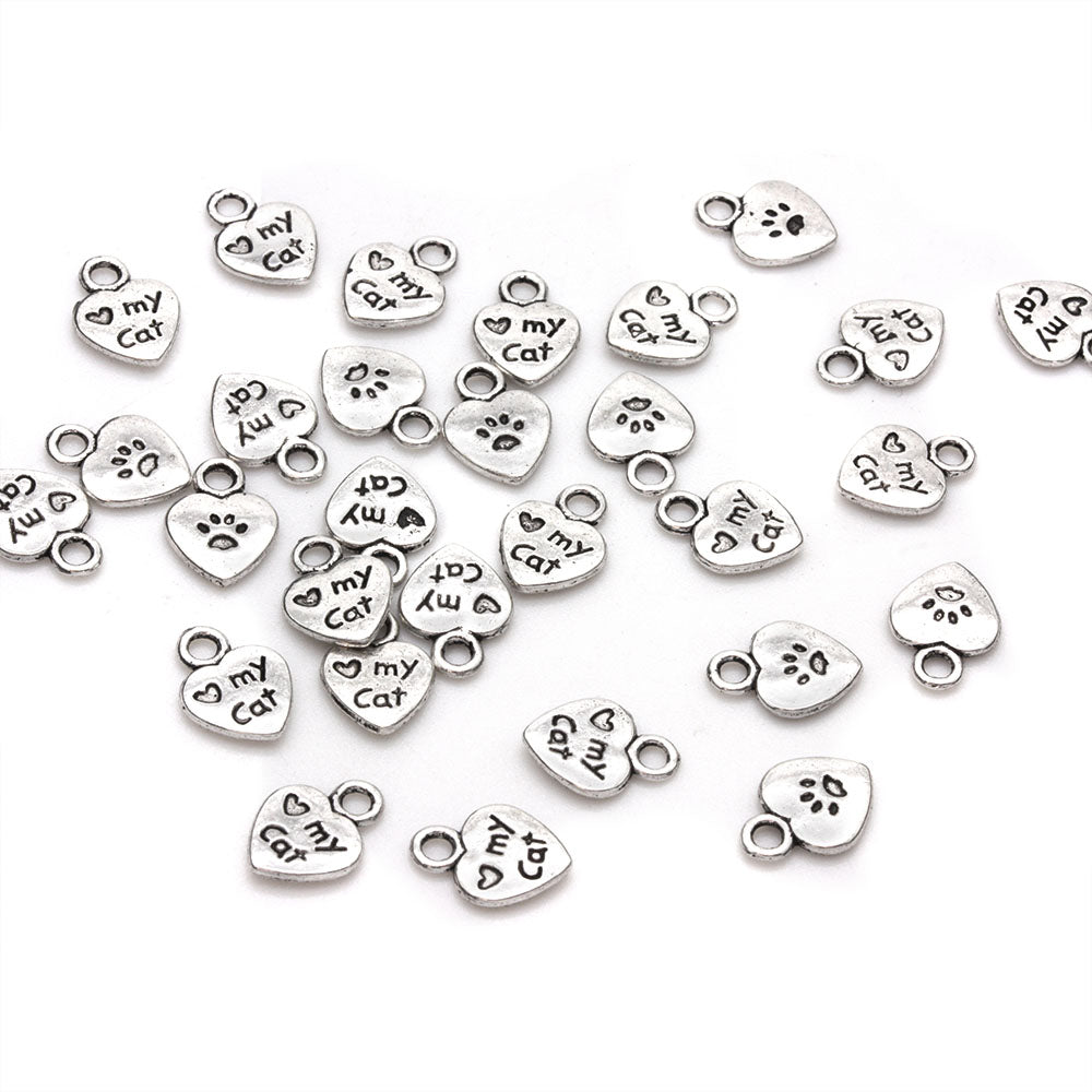 Love my Cat Heart Antique Silver 12x9mm - Pack of 50