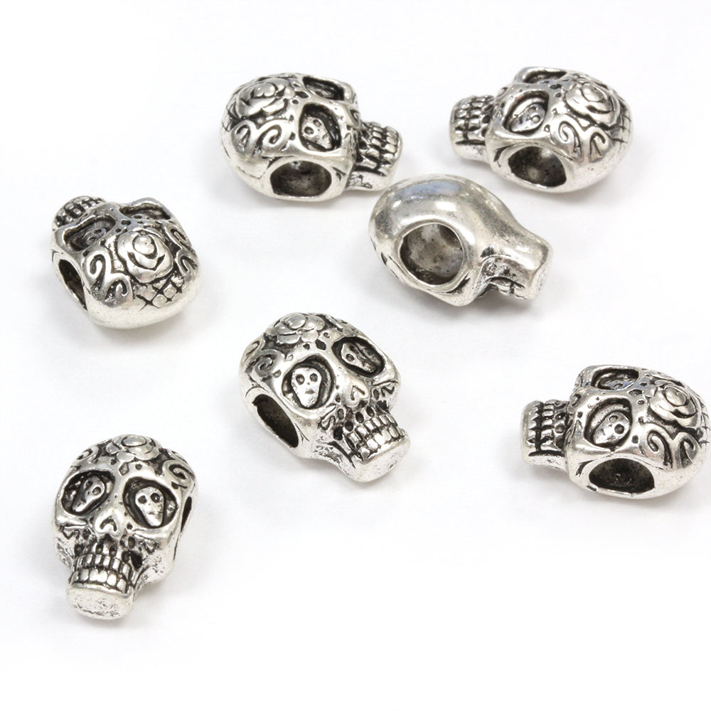 Ornate Skull Bead Antique Silver 14x10mm - Pack of 10