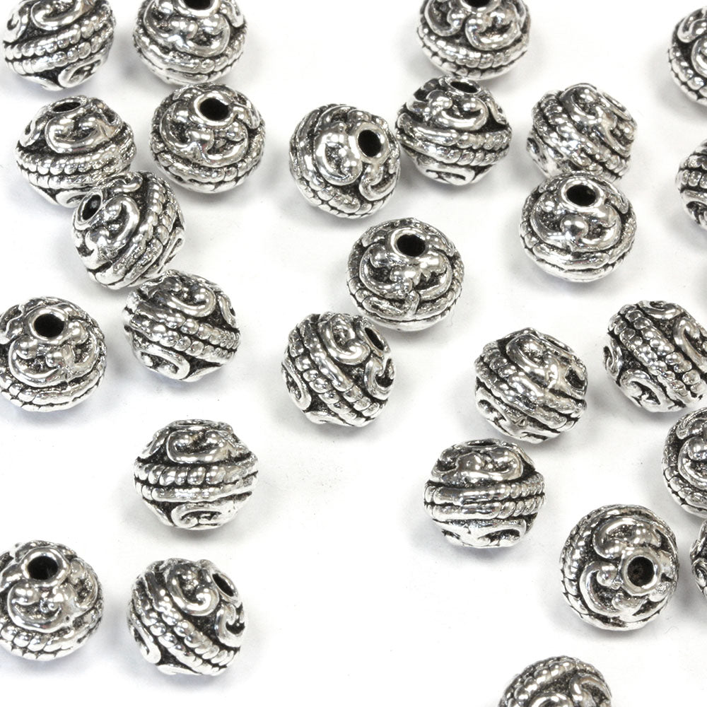 Bali Style Spacer Bead Rope and Swirl Antique Silver 8x7mm - Pack of 40