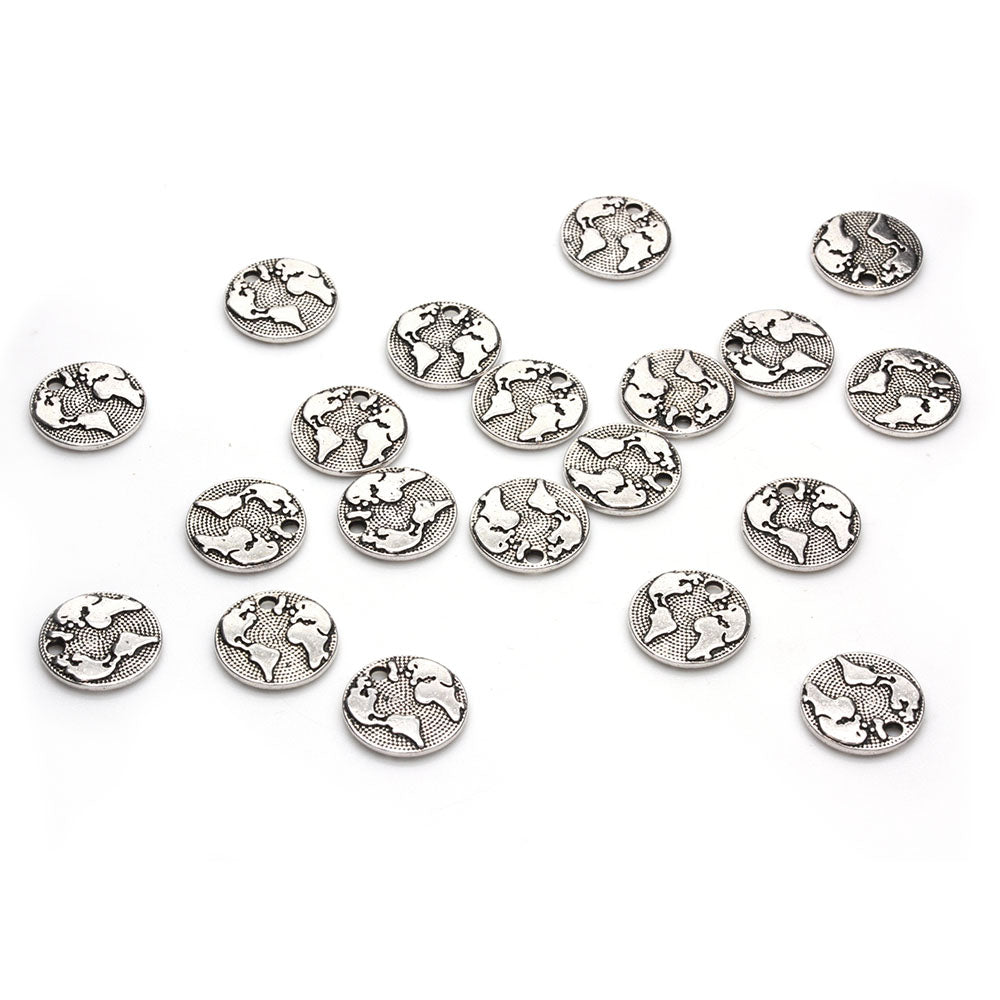 World Map Antique Silver 15mm - Pack of 50