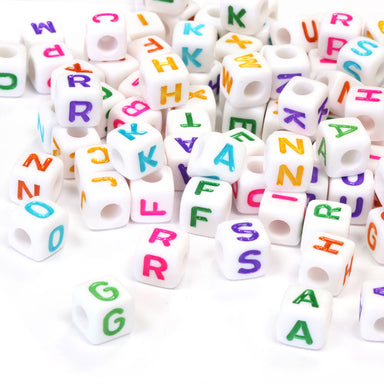 8mm cube square plastic coloured mixed letters on white letter  bead mix 