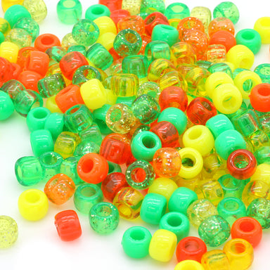 kids plastic mix of orange, green, yellow  coloured  pony beads with large holes