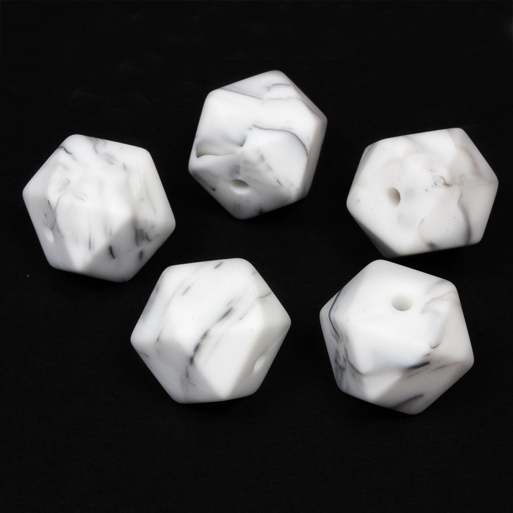 Silica Hex Beads 14mm Marble White - Pack of 5