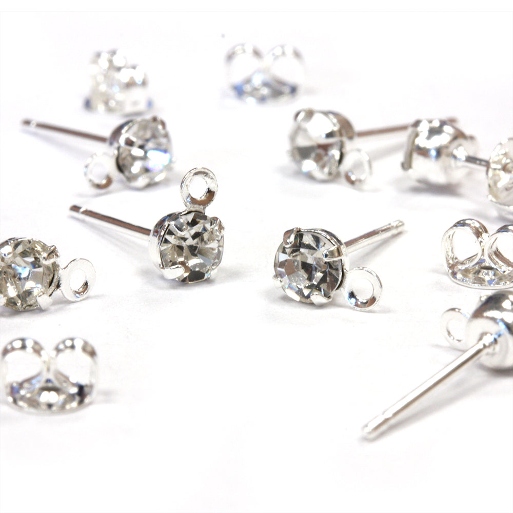 Crystal Stud and Back Silver Plated 4x15mm - Pack of 10