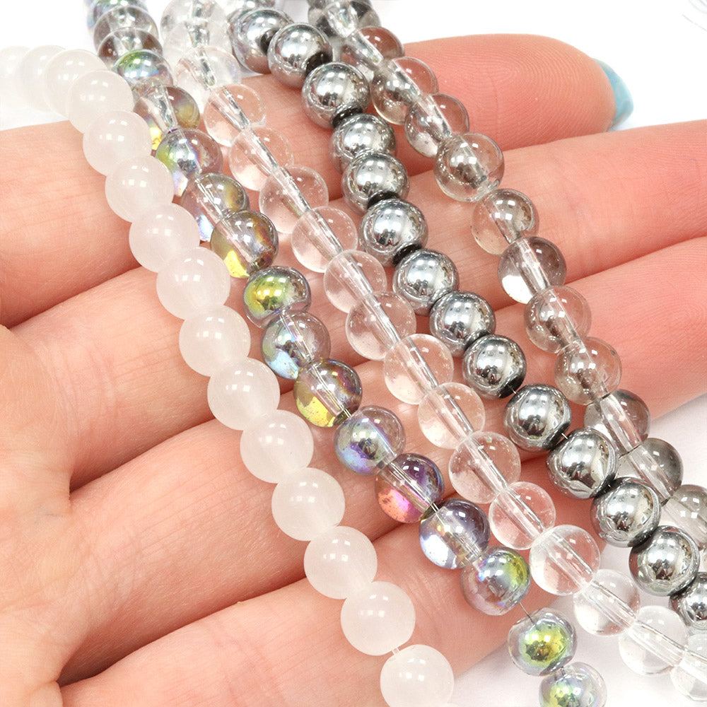 Glass Bead Bundle Clear/White Round- 5 Strands