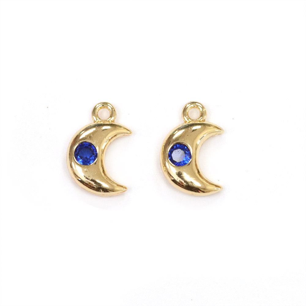 Blue Crystal Moon Pendant Gold Plated 10mm - Pack of 2
