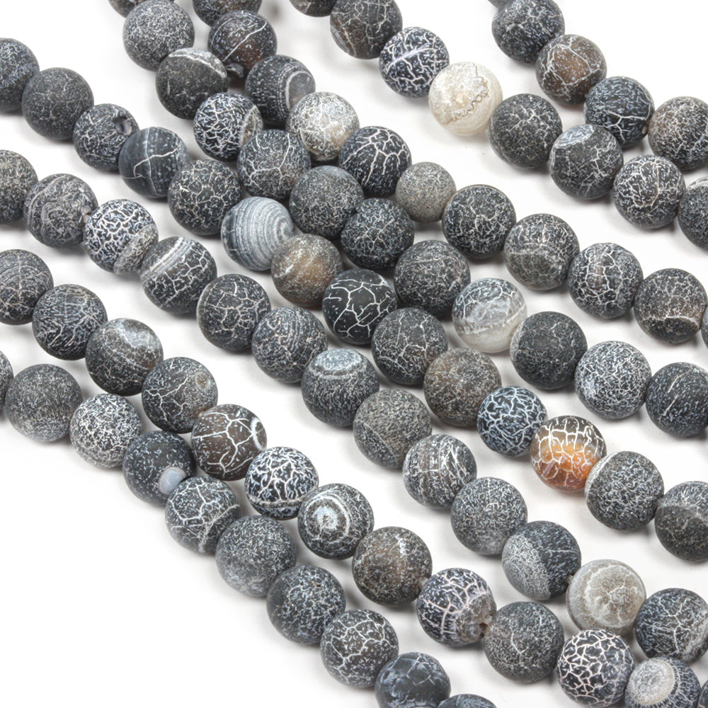 Frosted Cracked Agate Rounds 6mm Black - 35cm Strand