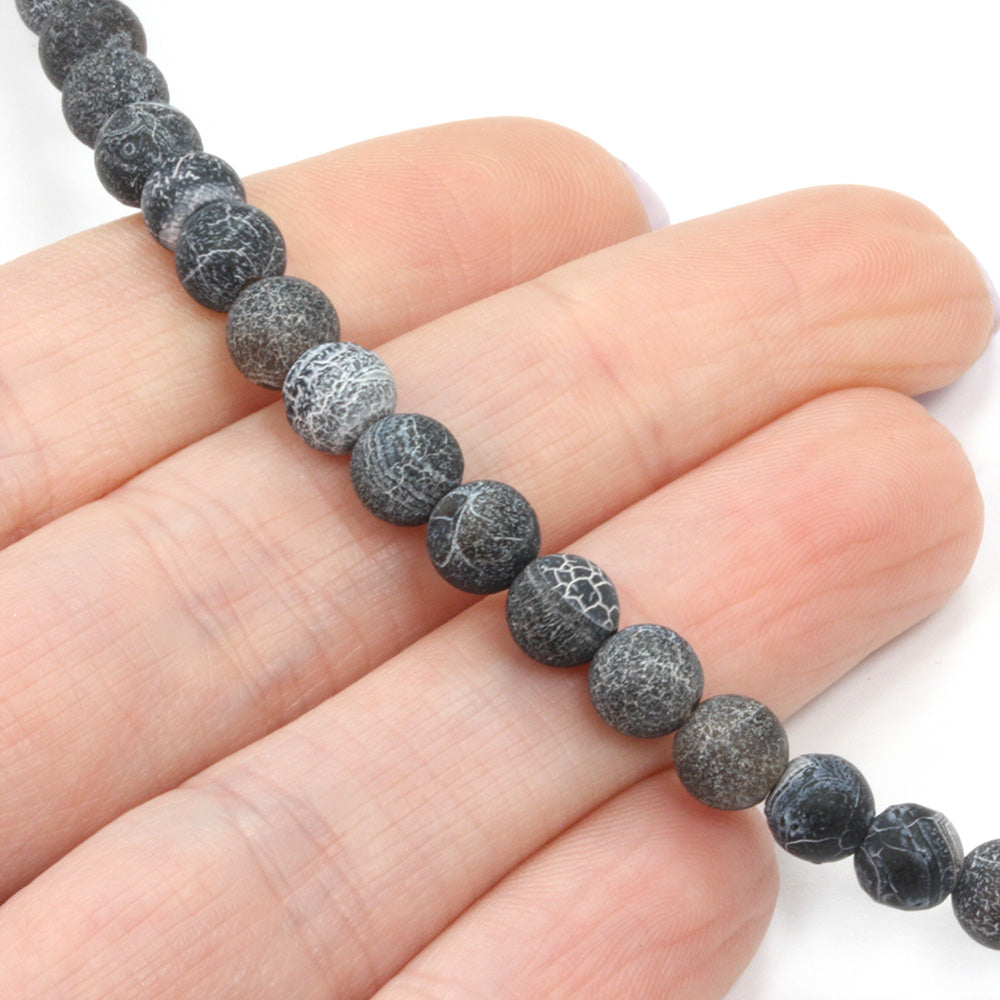 Frosted Cracked Agate Rounds 6mm Black - 35cm Strand