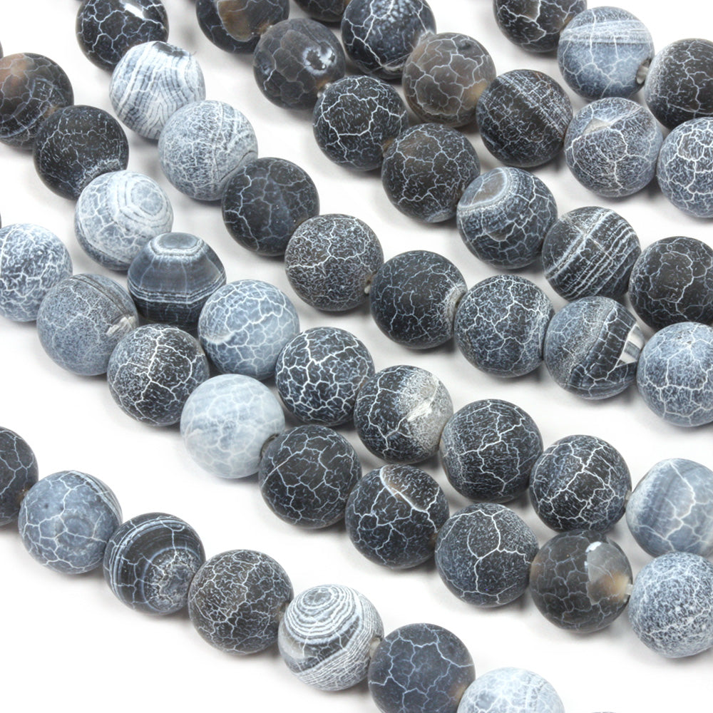 Frosted Cracked Agate Rounds 8mm Black - 35cm Strand
