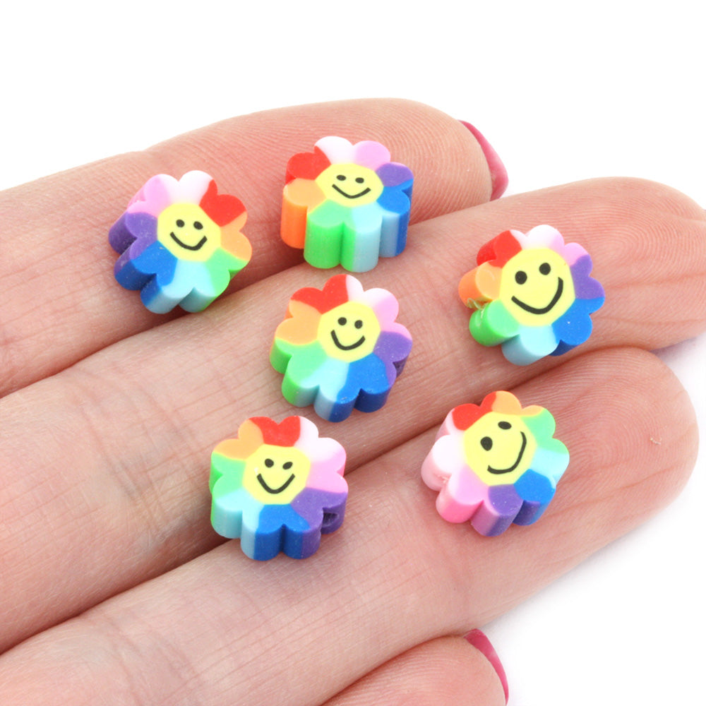 Polymer Clay Smiley Flower Rainbow 10mm - Pack of 50