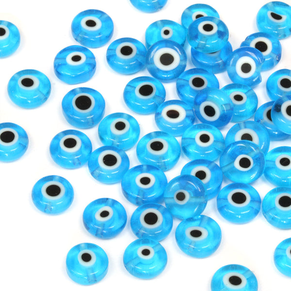 Blue Evil Eye Glass Coin Disc Beads - 6mm, 8mm, 10mm, 15.5mm Sizes (Strand)