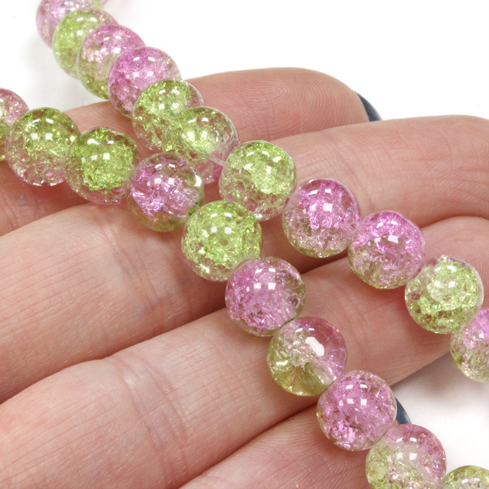 Crackled Glass 8mm Rounds Lime and Pink - 1 string