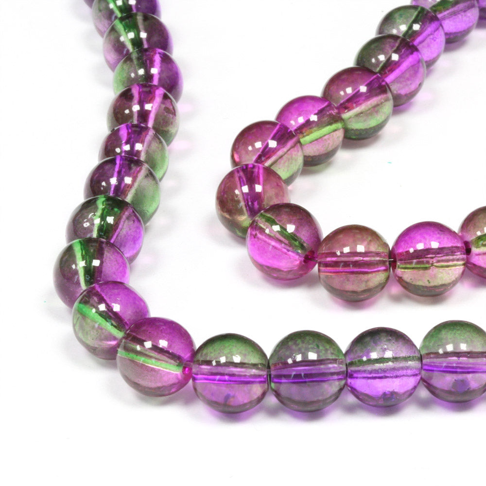 Dual Colour Glass 8mm Rounds Green and Purple - 1 string