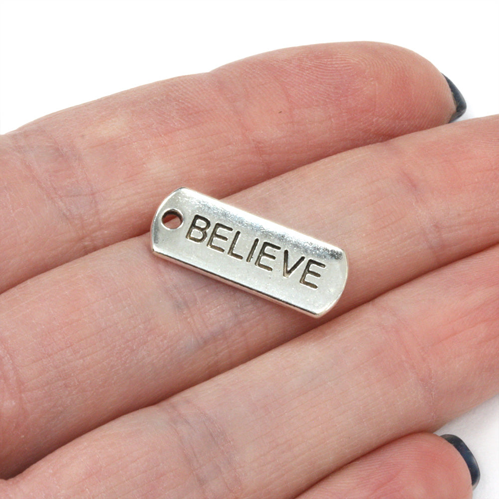 Believe Tag Antique Silver 20.5x6.5mm - Pack of 20