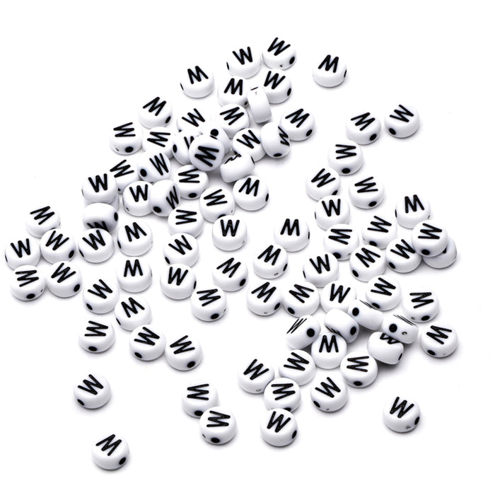 Letter Bead W Black Plastic Round 6mm-Pack of 100