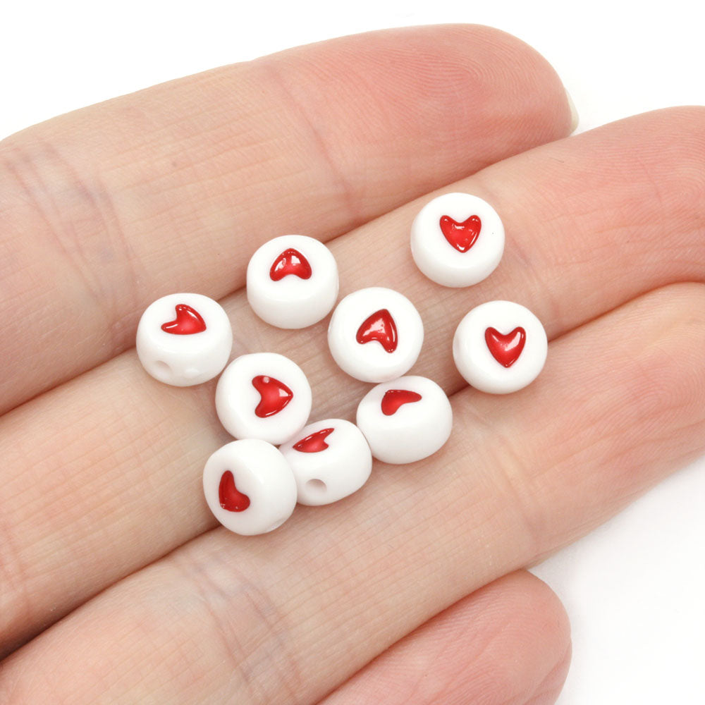 Red Hearts on White Rounds Mix 4x7mm - Pack of 200