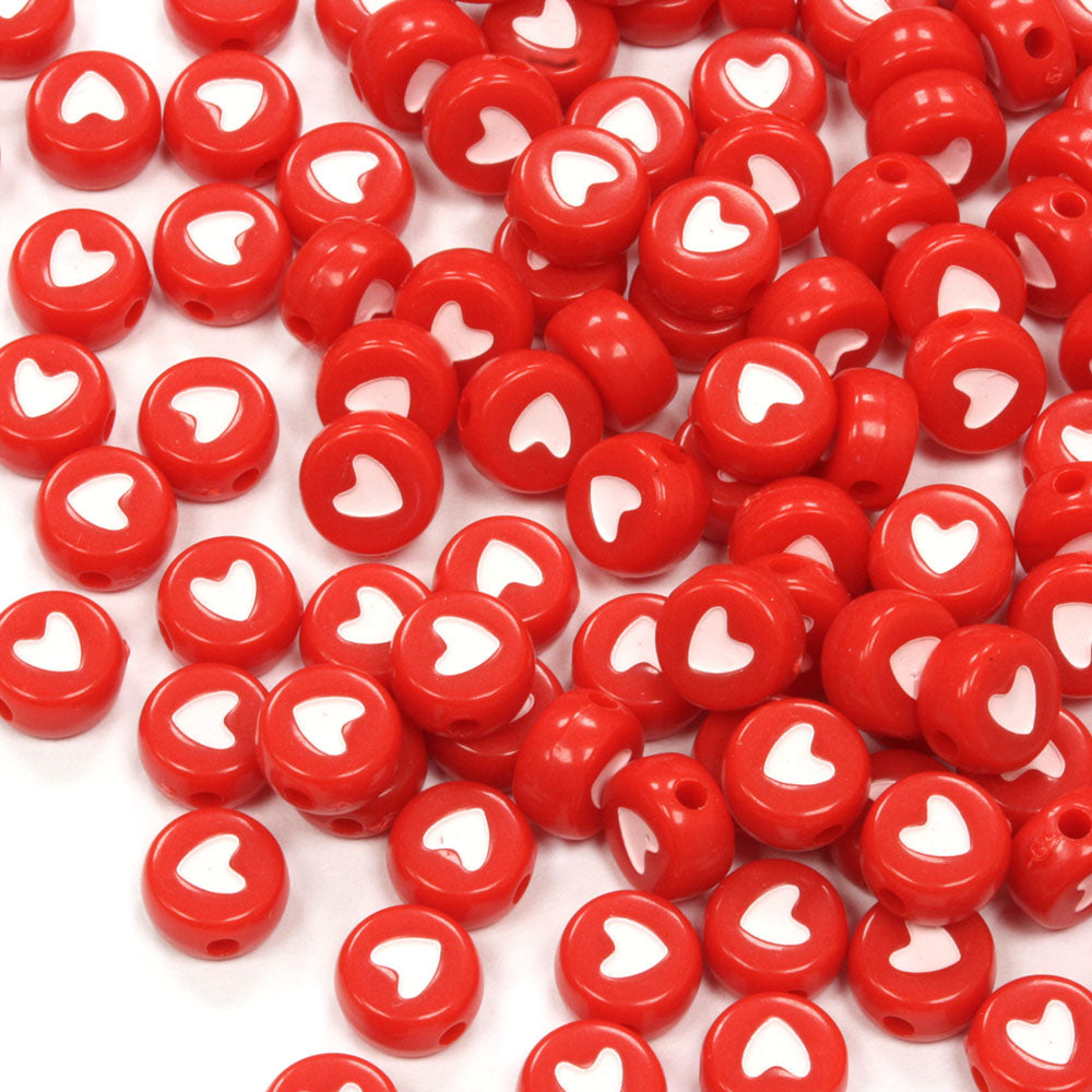 White Hearts on Red Rounds 4x7mm - Pack of 200