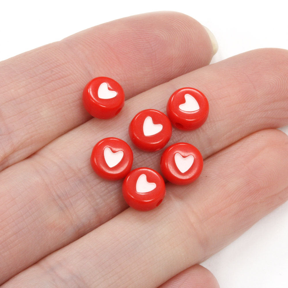 White Hearts on Red Rounds 4x7mm - Pack of 200