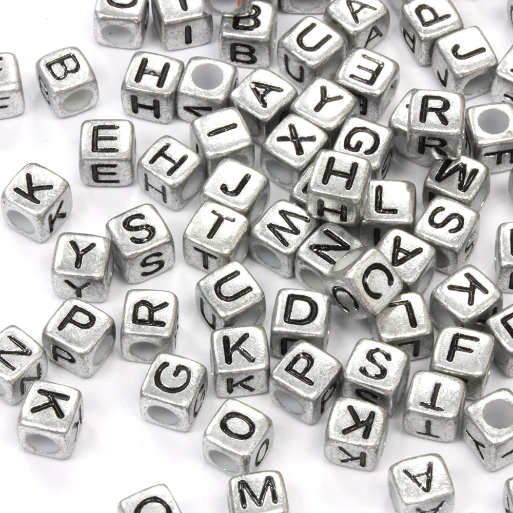 Black Letters on Silver Cube 6mm - Pack of 200