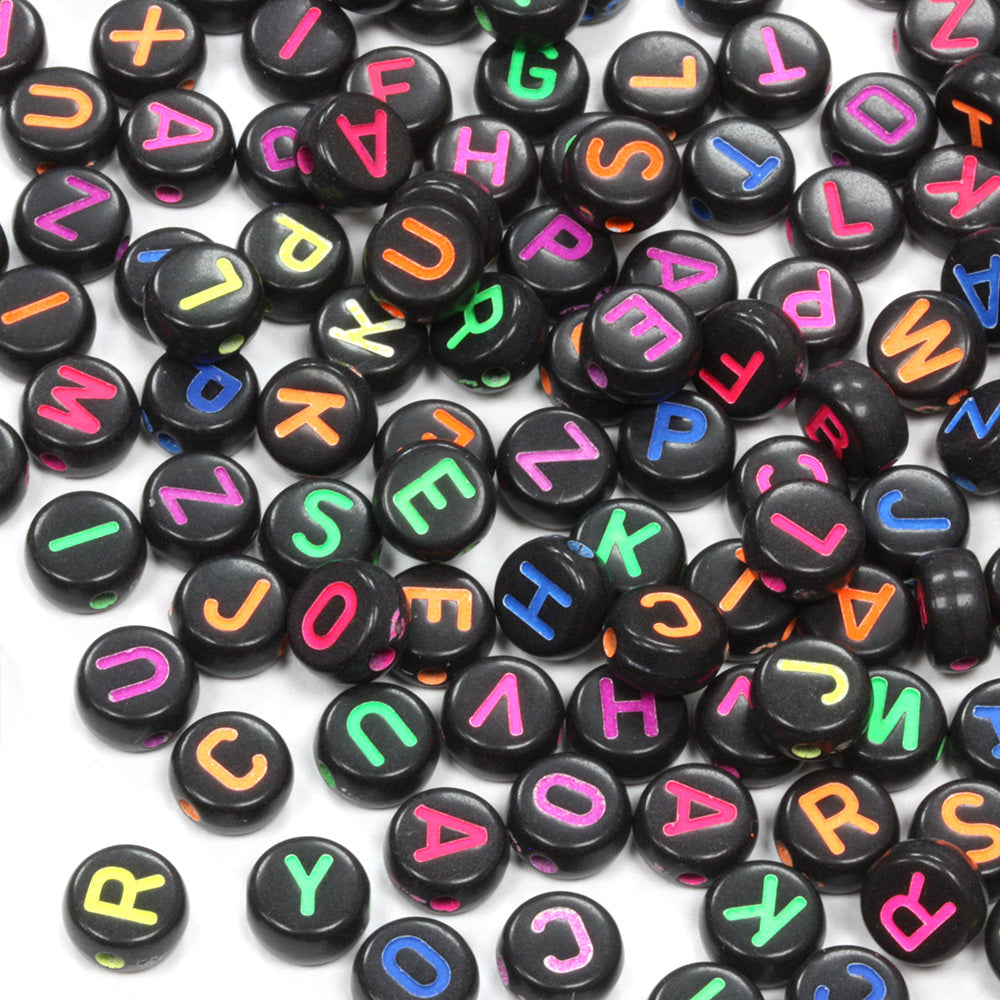 Coloured Letters on Black Rounds 4x7mm - Pack of 200