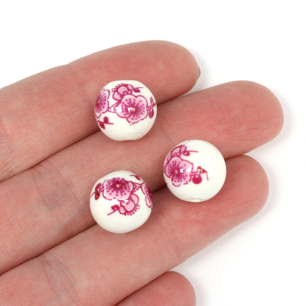 Ceramic Round Pink Large Flowers 12mm - Pack of 8