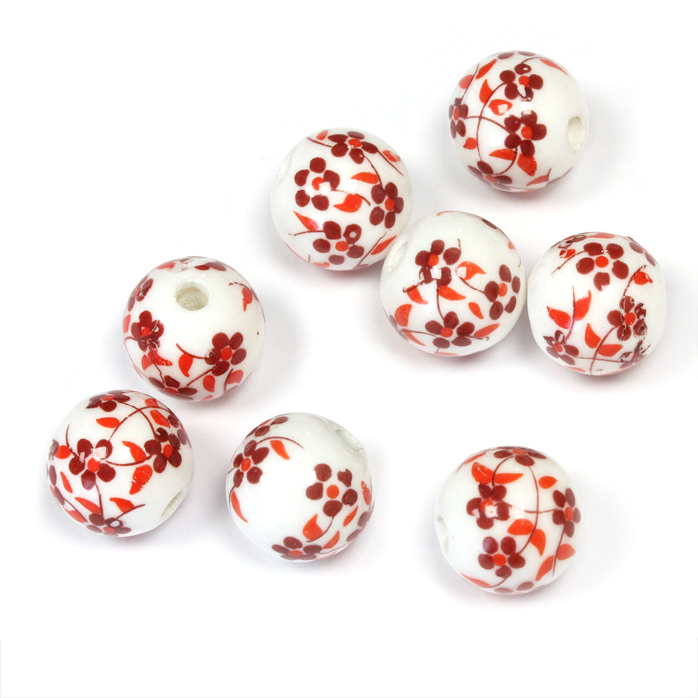 Ceramic Round Red Flowers 12mm - Pack of 8
