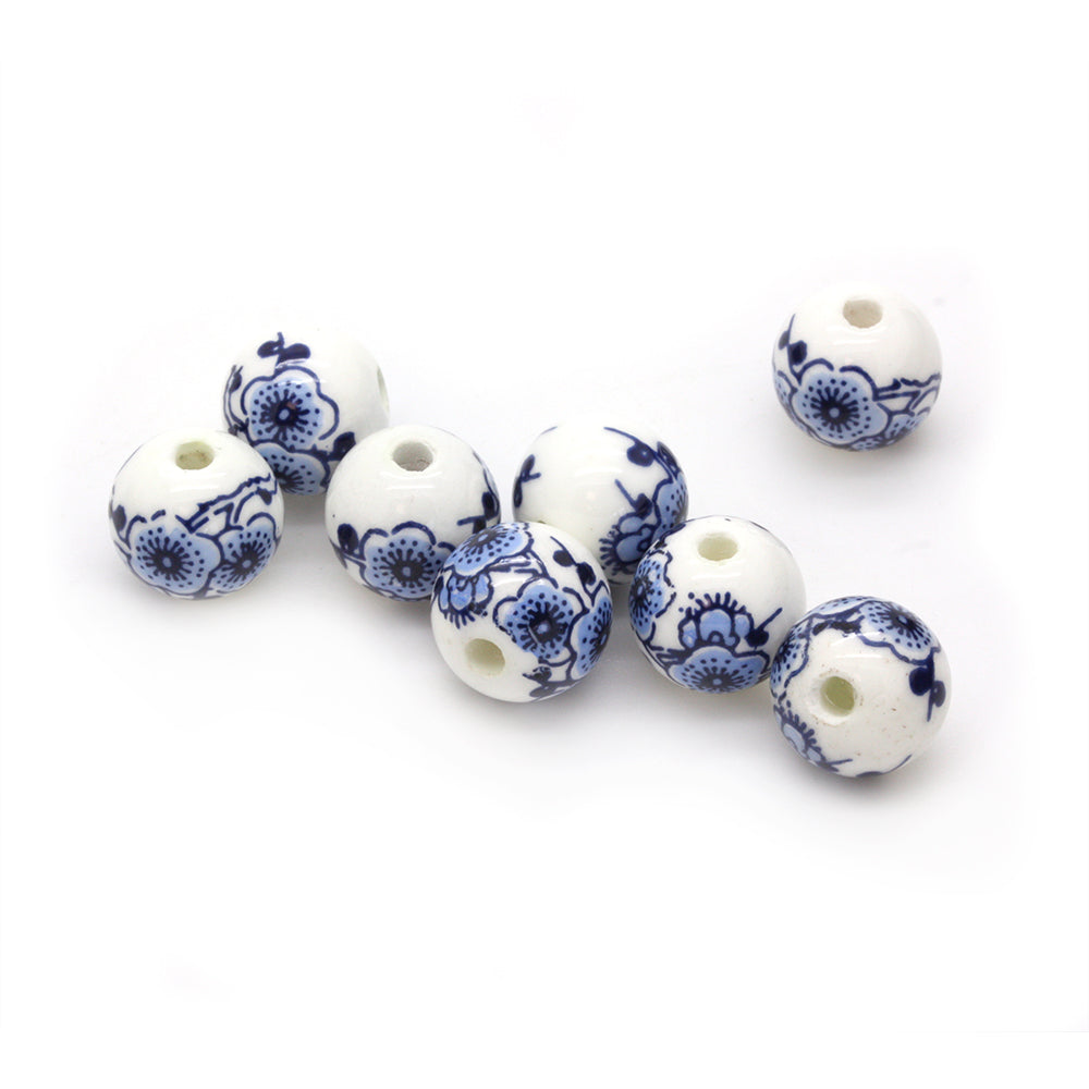 Ceramic Rounds Printed Flower 12mm Blue - Pack of 8