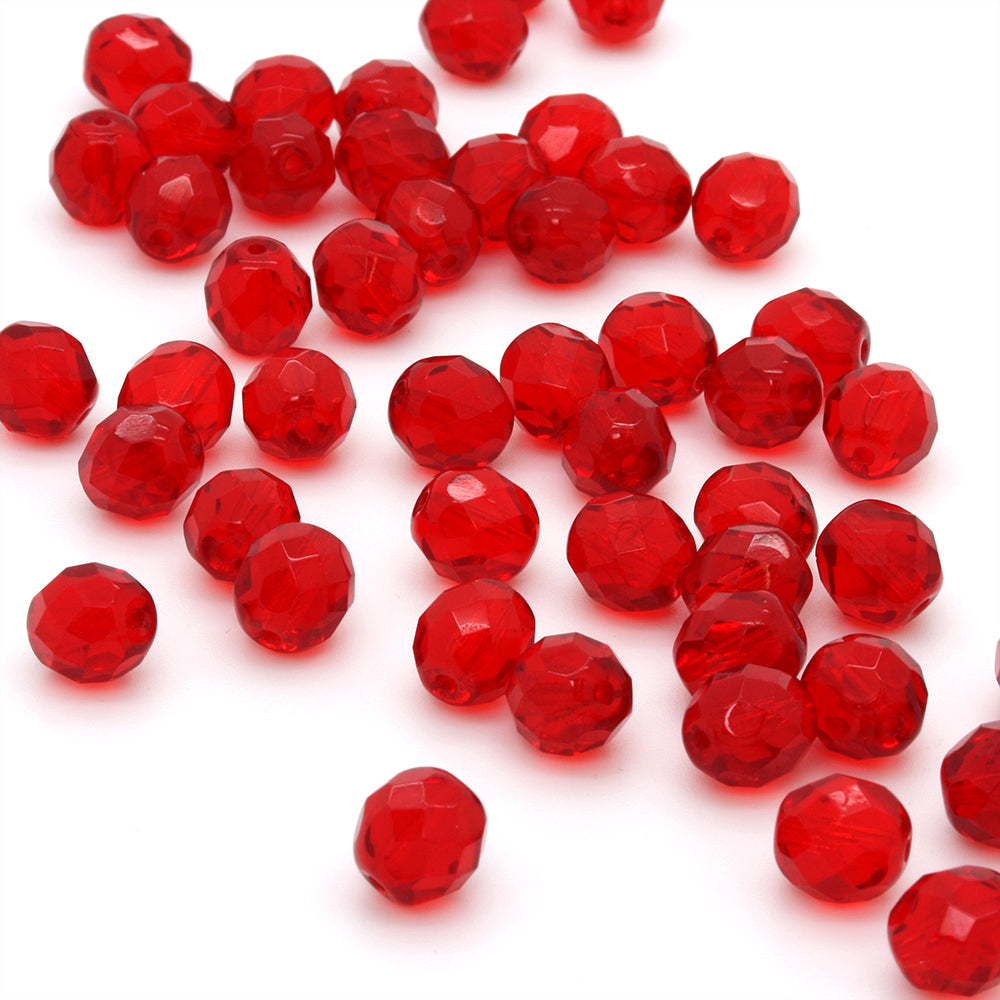 Fire Polished Red Glass Faceted Round 8mm-Pack of 50