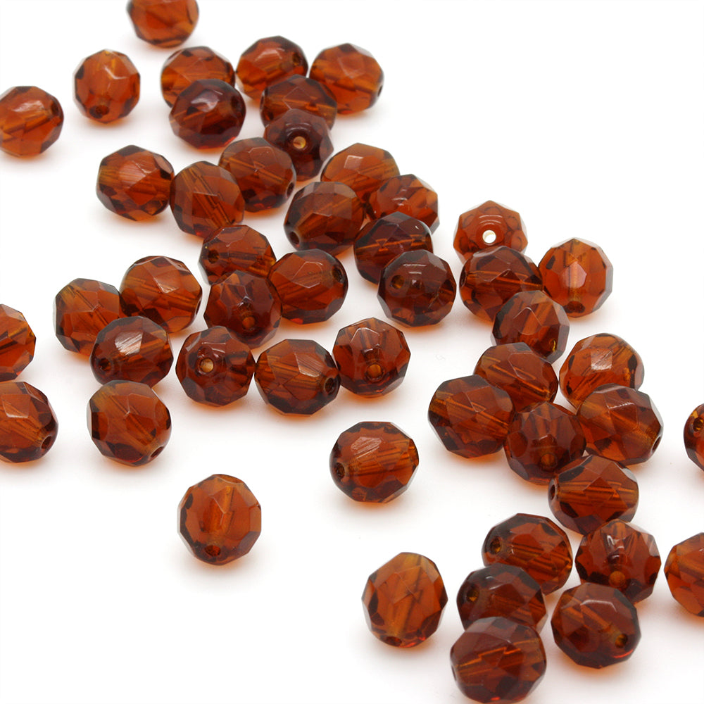Fire Polished Amber Glass Faceted Round 8mm-Pack of 50