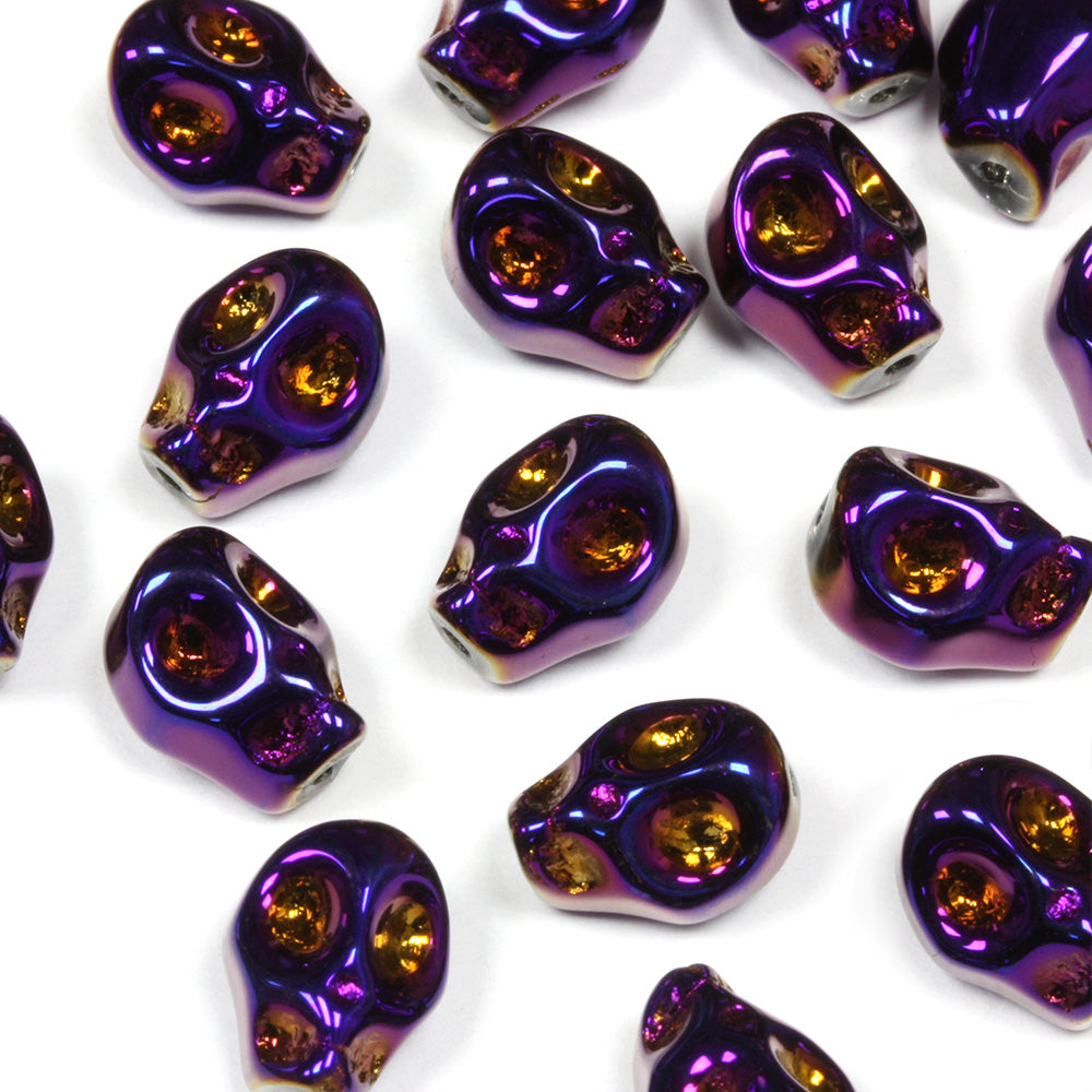 Glass Skulls 10x7mm Metallic Purple - Pack of 50