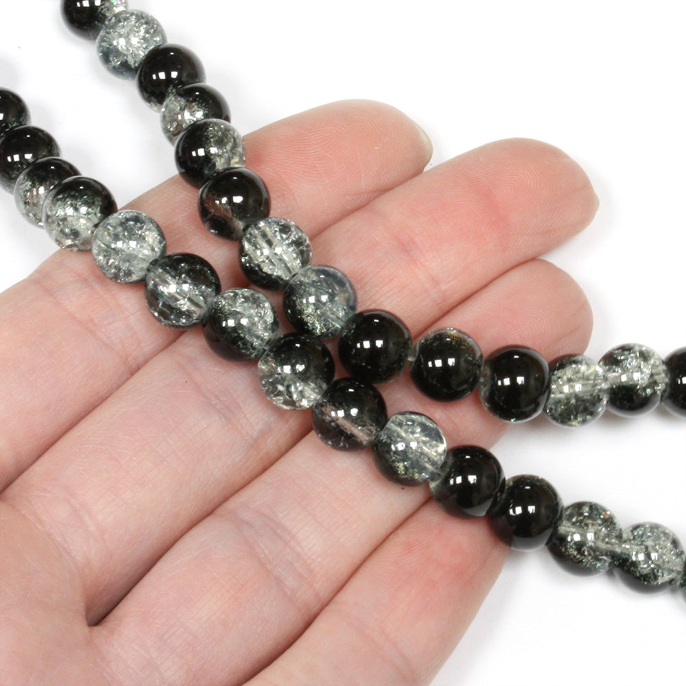 Crackled Glass 8mm Rounds Black and Clear - 1 string