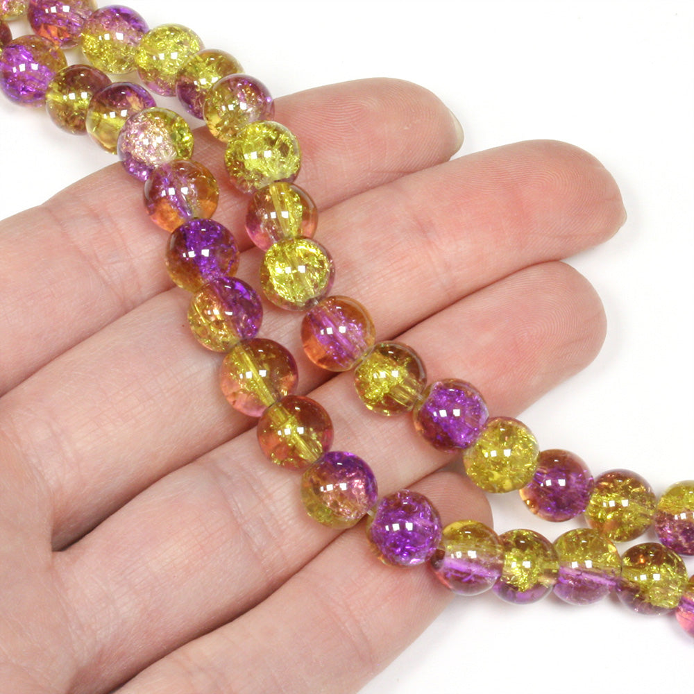 Crackled Glass 8mm Rounds Purple and Yellow - 1 string