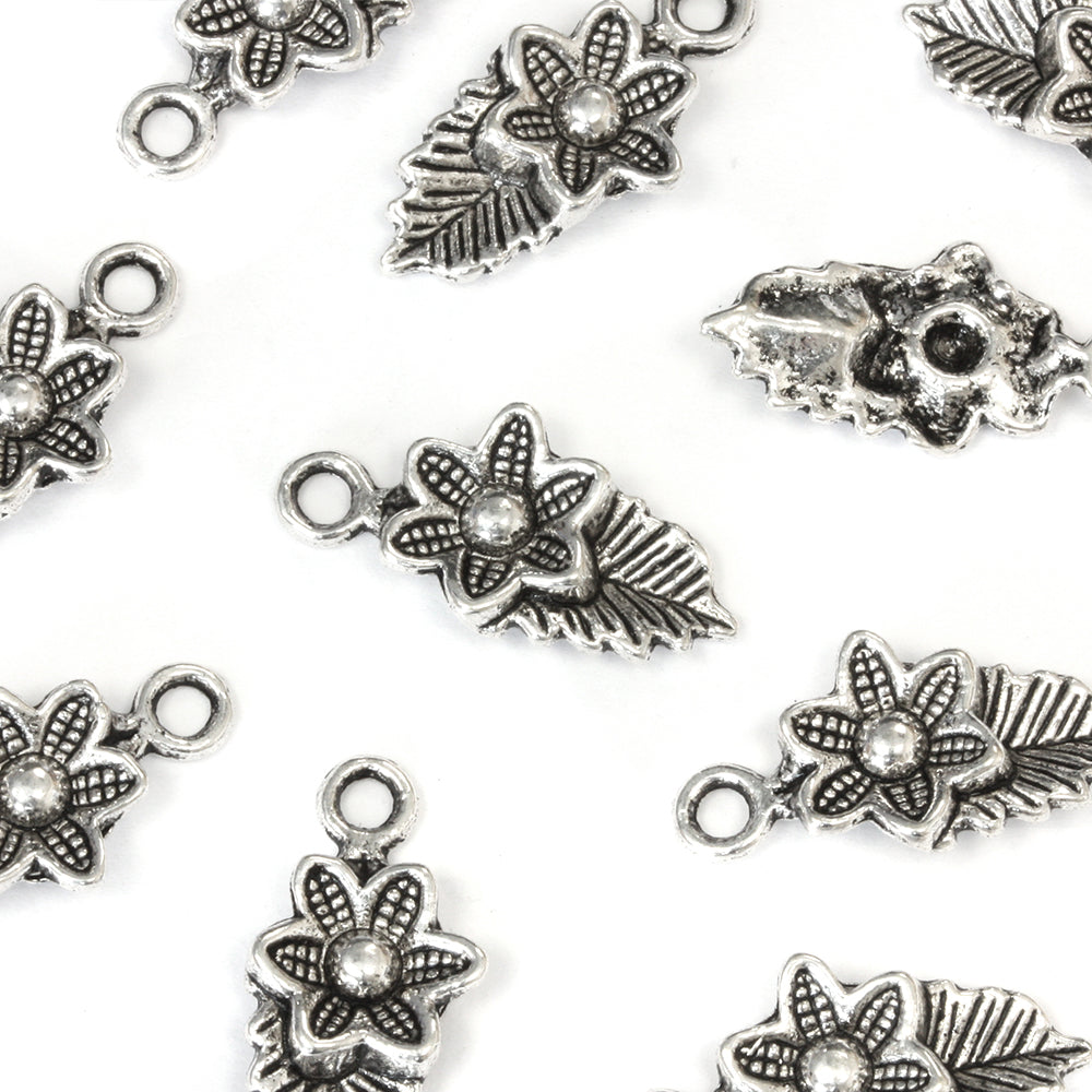 Flower and Leaf Antique Silver 22x11mm - Pack of 50