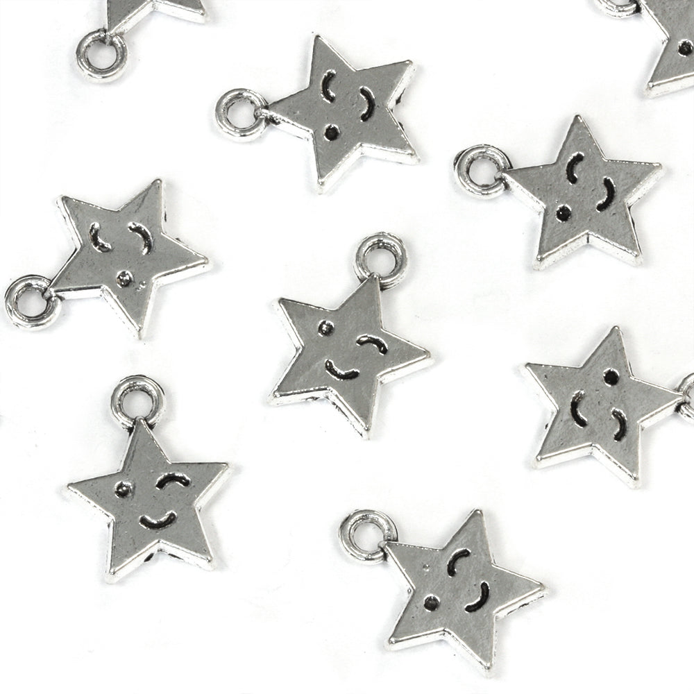 Happy Star Charm Antique Silver 12x14.5mm - Pack of 40