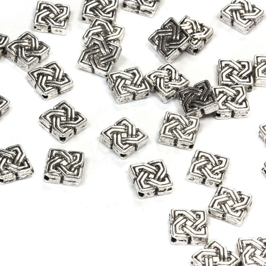 Knotwork Square Bead Antique Silver 7mm - Pack of 80