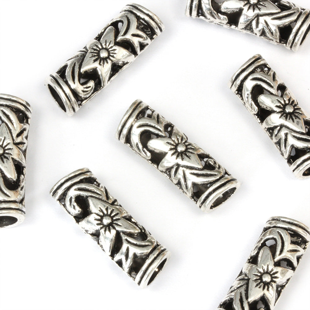 Curved Flower Spacer Tube Bead 7x22mm Antique Silver - Pack of 20