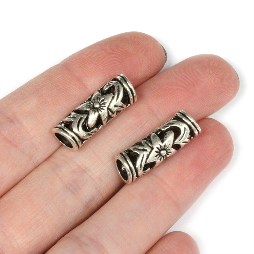 Curved Flower Spacer Tube Bead 7x22mm Antique Silver - Pack of 20