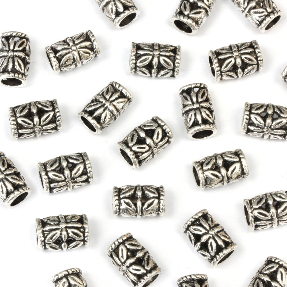 Flower Spacer Tube Bead 5.5x9mm Antique Silver - Pack of 50